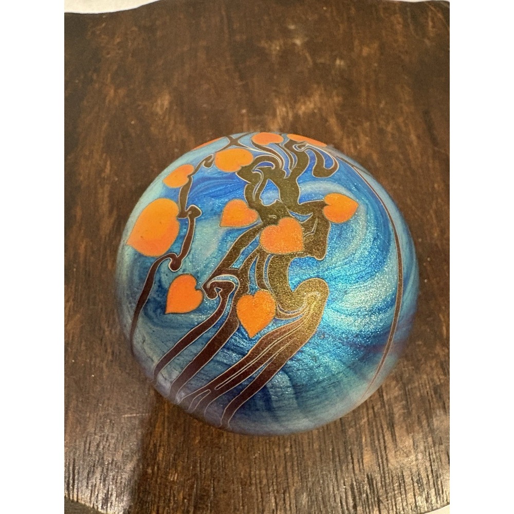 Lundberg Studio Glass Orange Heart Oil slick Iridescent Paperweight signed 1974